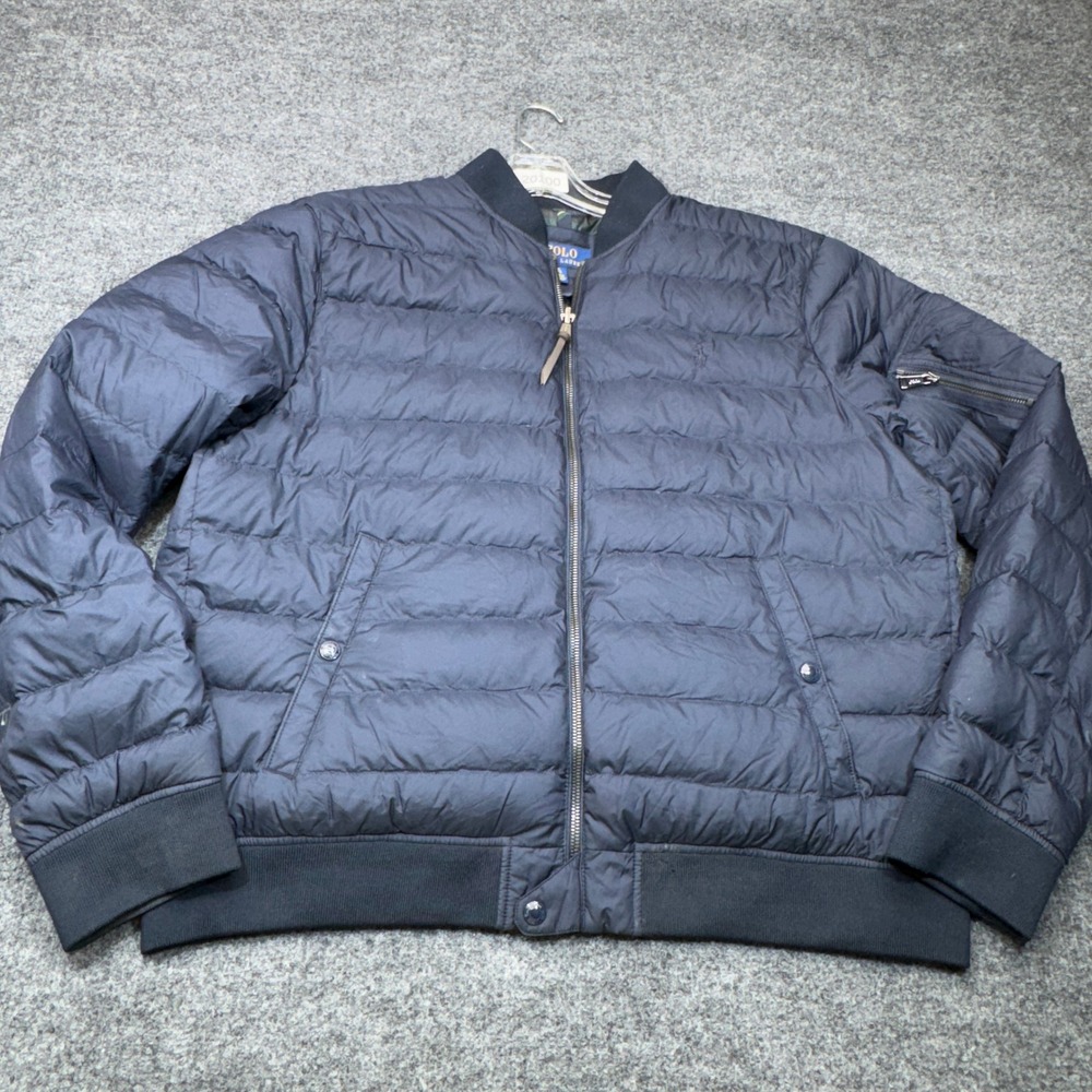 Polo Ralph Lauren Down Puffer Jacket Mens XL Blue  MA-1 Bomber Plaid Preppy